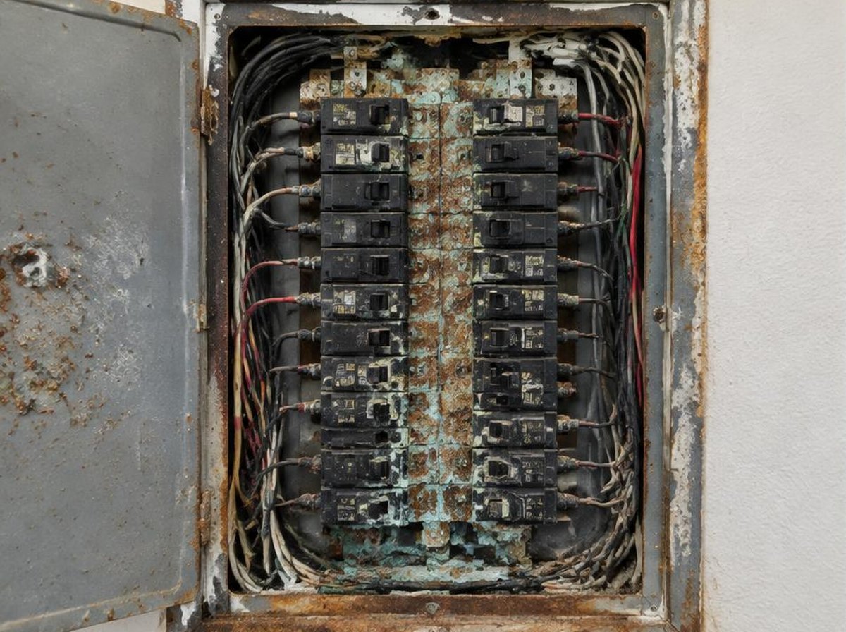 Quadro elétrico corroído antes do serviço