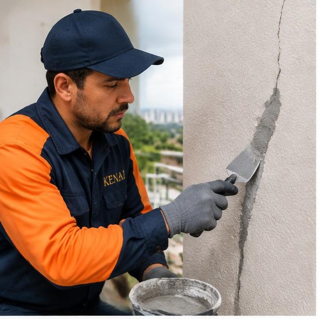 Técnico AuditControl reparando fissura em parede