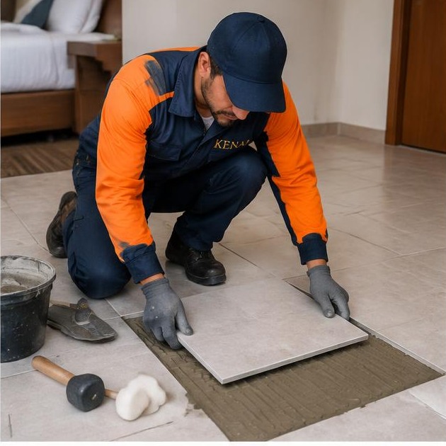 Técnico AuditControl substituindo piso cerâmico