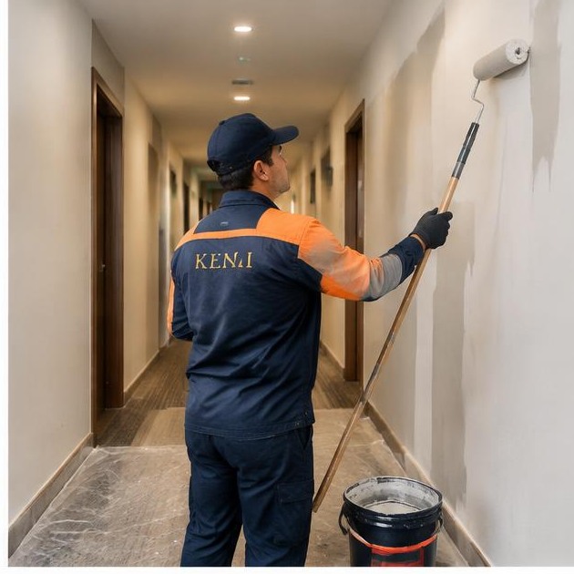 Técnico AuditControl pintando corredor de hotel