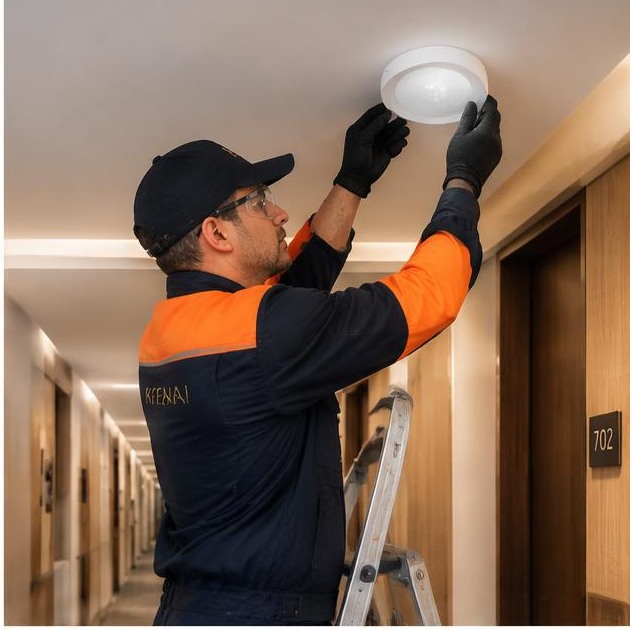 Técnico AuditControl substituindo iluminação de corredor