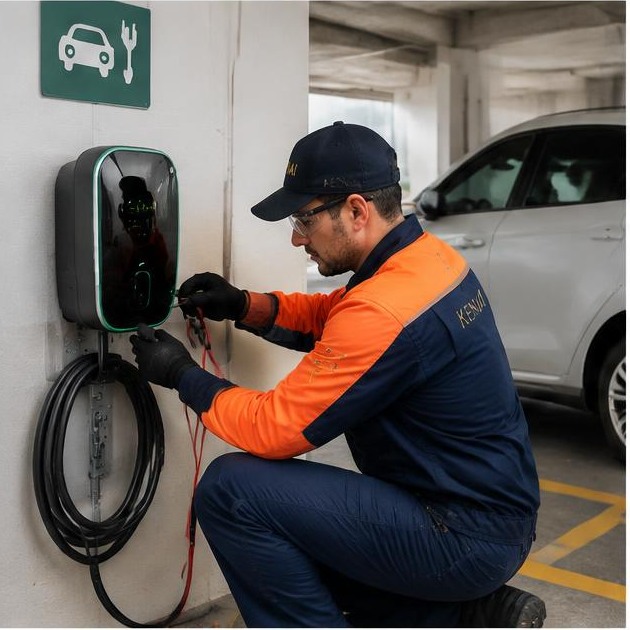 Técnico AuditControl instalando carregador para veículo elétrico