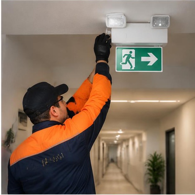Técnico AuditControl verificando iluminação de emergência