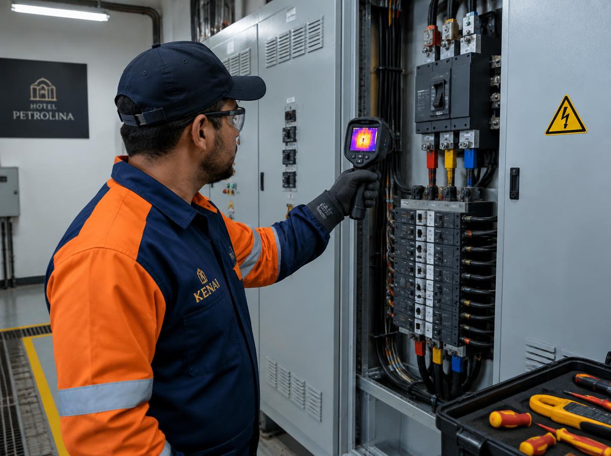 Técnico AuditControl fazendo inspeção termográfica em painel elétrico
