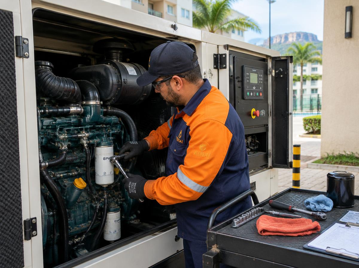 Técnico AuditControl realizando manutenção em gerador