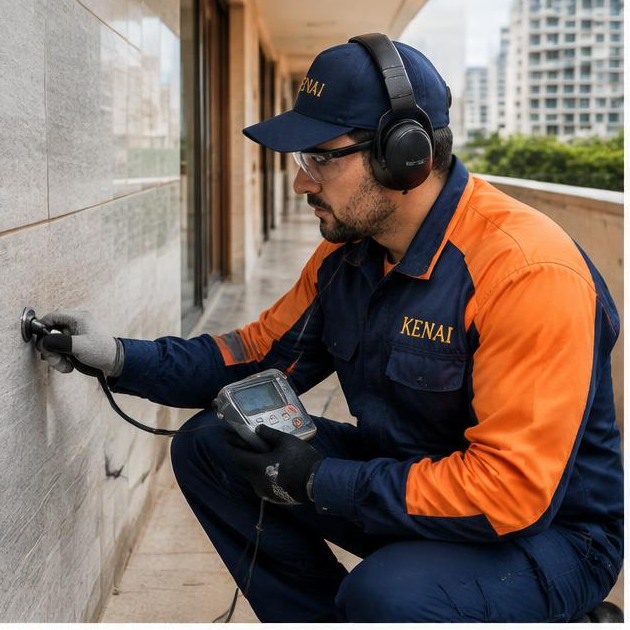 Técnico AuditControl localizando vazamento em parede