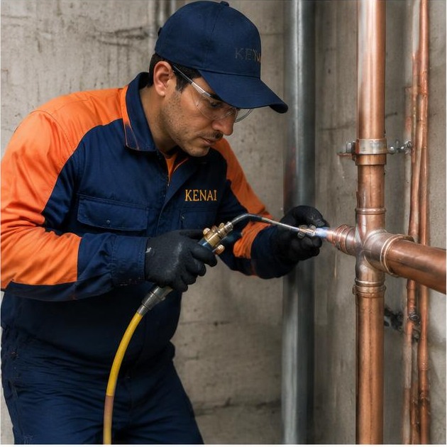 Técnico AuditControl reparando tubulação de cobre