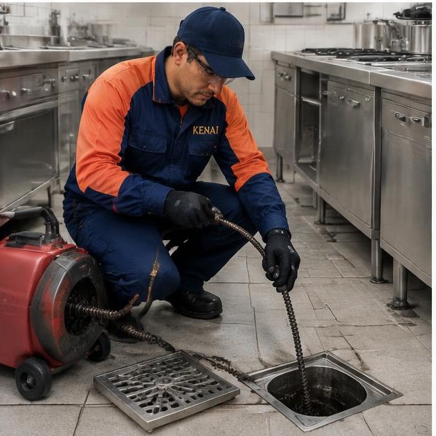 Técnico AuditControl desobstruindo drenagem comercial