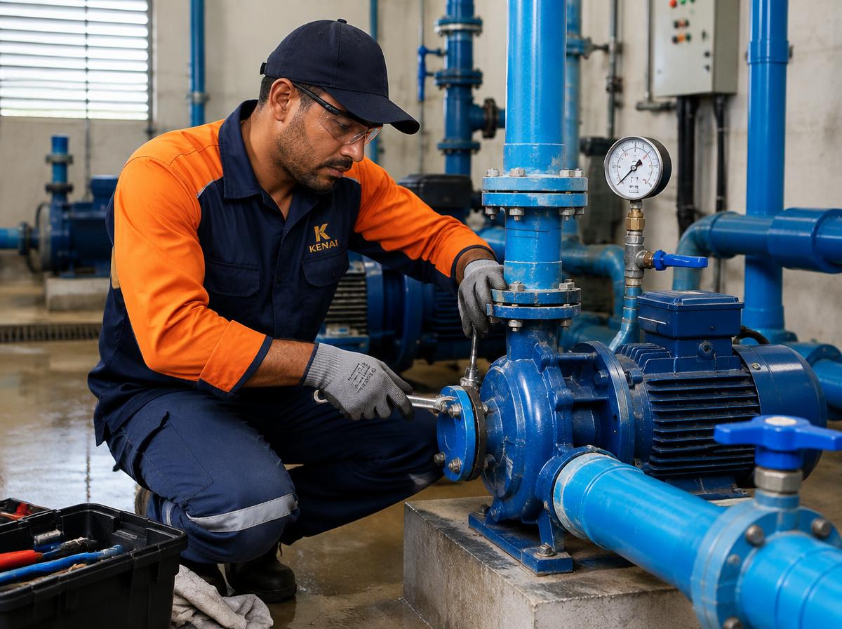 Técnico AuditControl ajustando bomba hidráulica