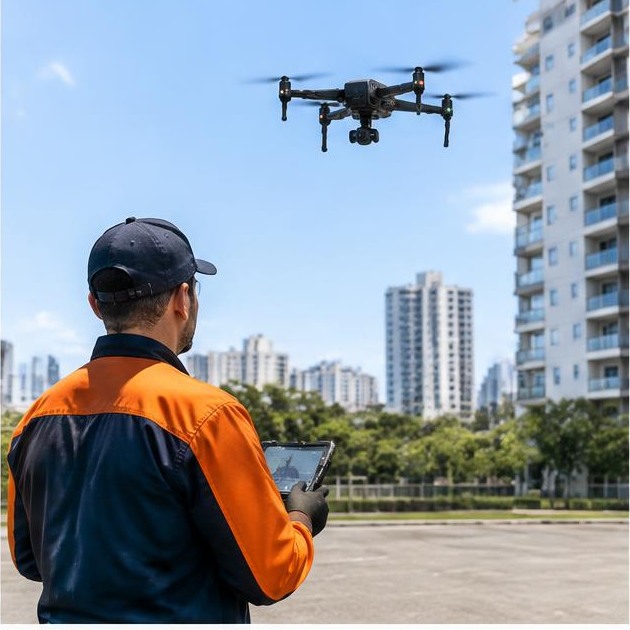 Técnico AuditControl operando drone em inspeção predial