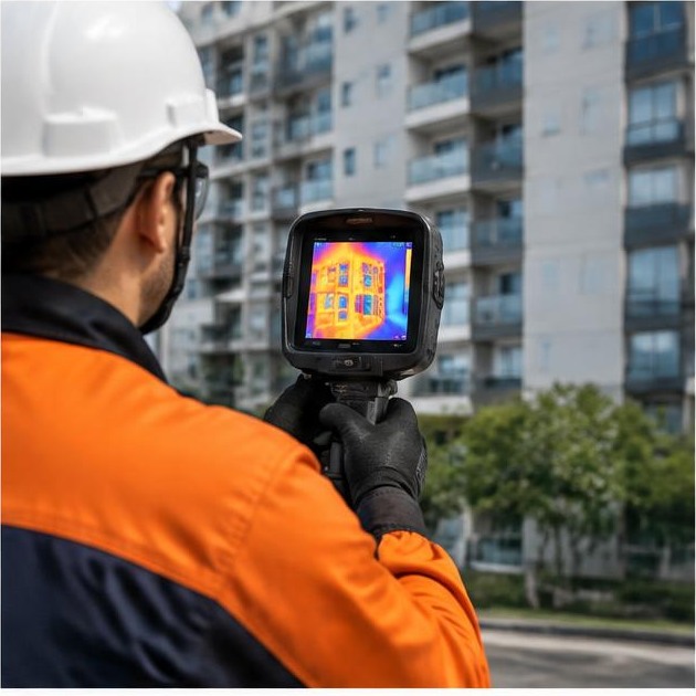 Técnico AuditControl realizando termografia de fachada