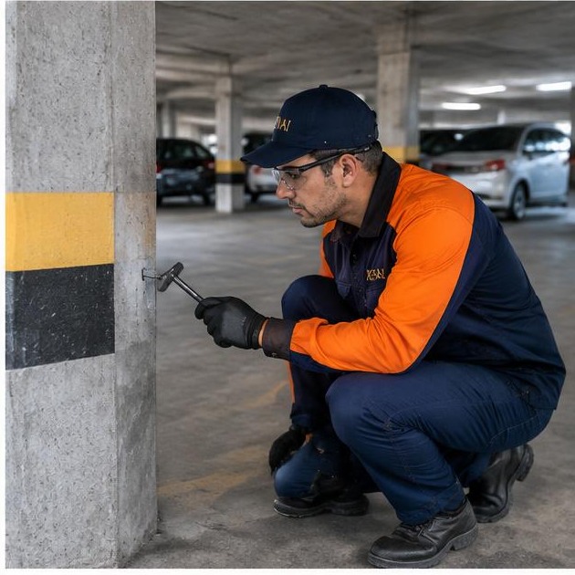 Técnico AuditControl inspecionando estrutura de estacionamento