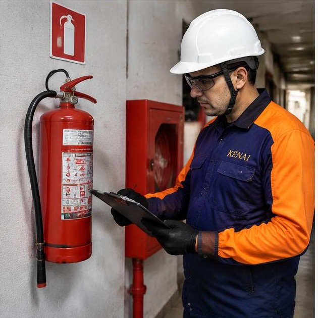 Técnico AuditControl verificando equipamento contra incêndio