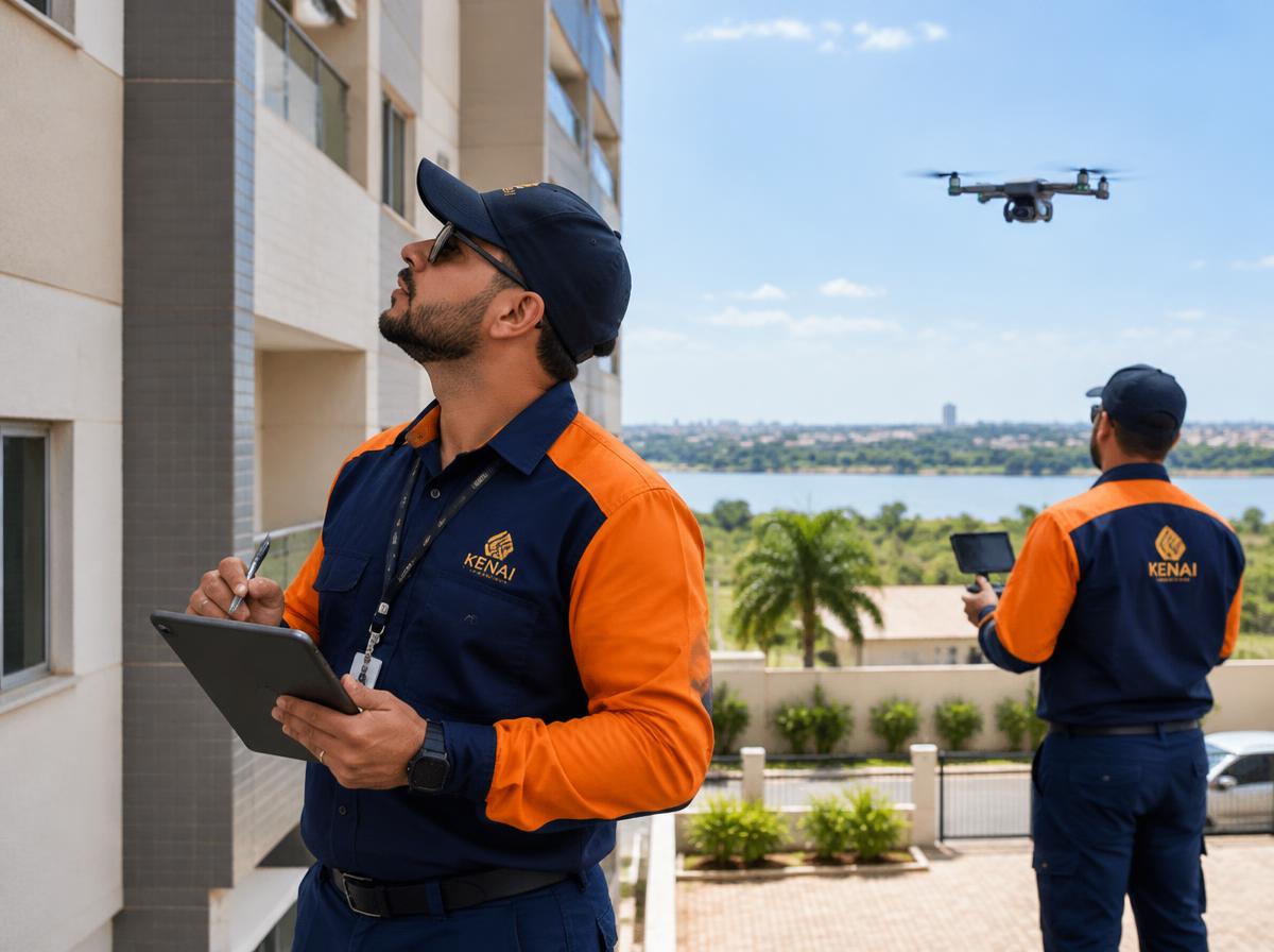 Equipe AuditControl realizando inspeção de fachada com drone
