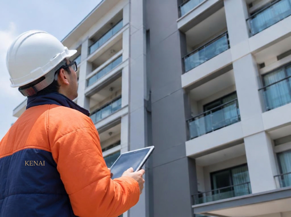 Técnico AuditControl inspecionando fachada com tablet