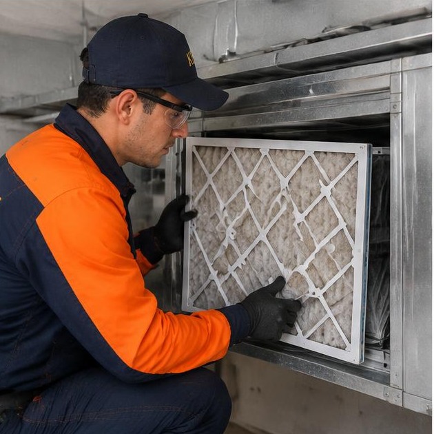 Técnico AuditControl substituindo filtro de climatização