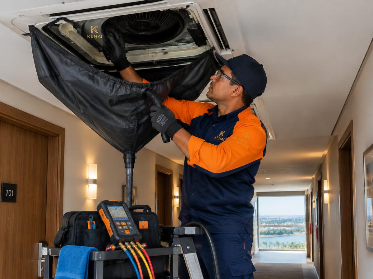 Técnico AuditControl higienizando ar-condicionado cassete